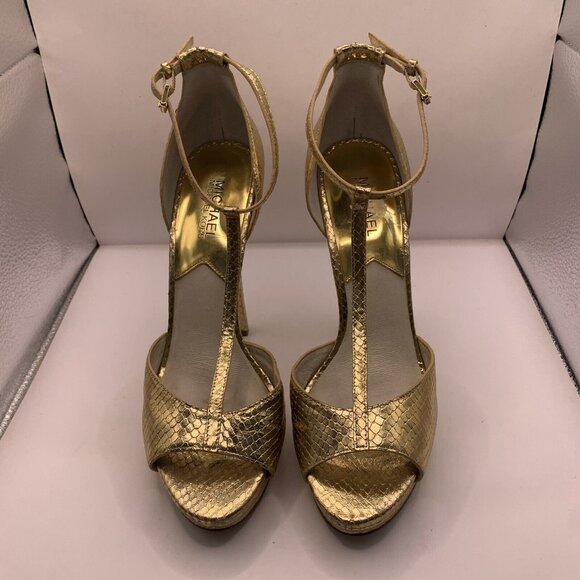 Michael Kors Brenna T Strap Peep Toe Sandal metallic gold High Heels Sz 9.5M E2 - Picture 4 of 7